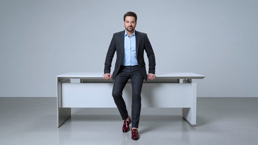 Drama actor standing for camera shoot