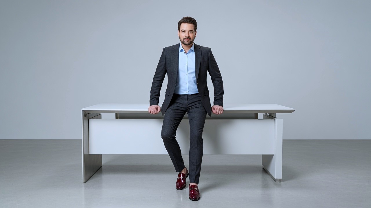 Drama actor standing for camera shoot