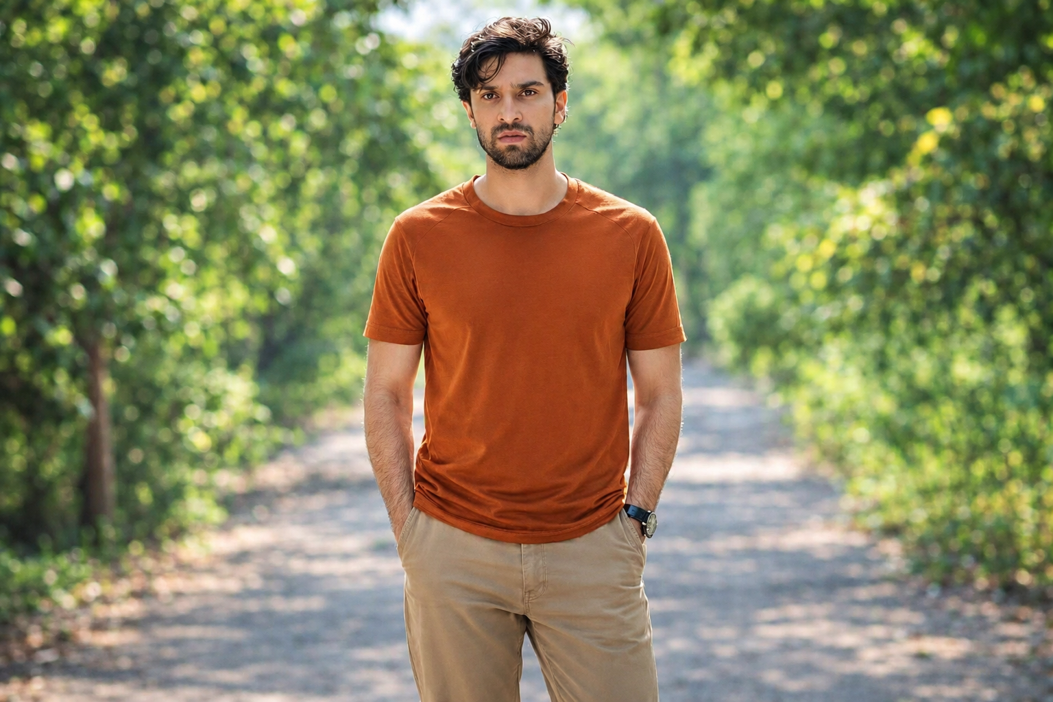 T-shirt aur beige pants mein outdoor portrait