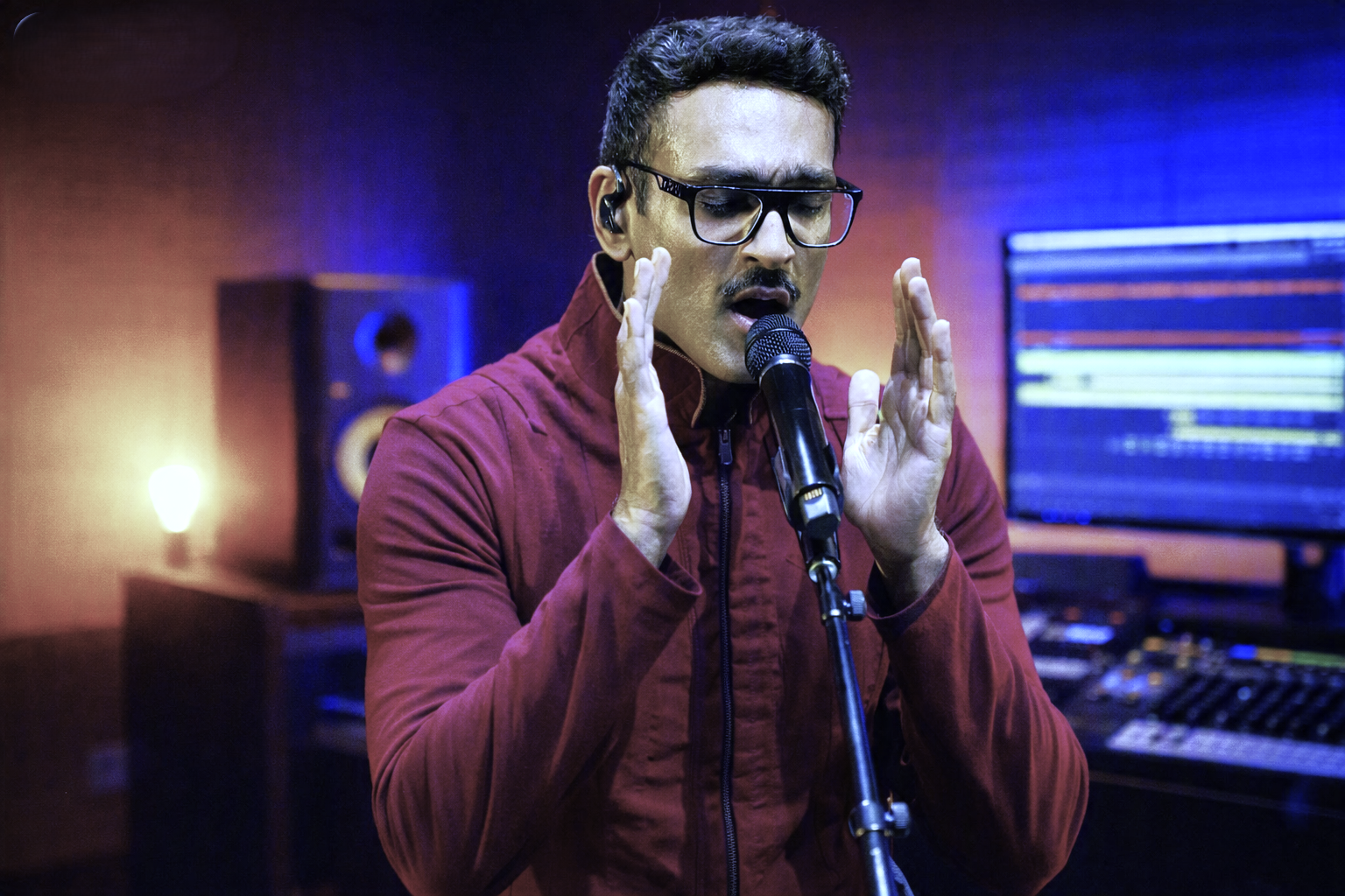 Studio mein microphone ke sath singing performance