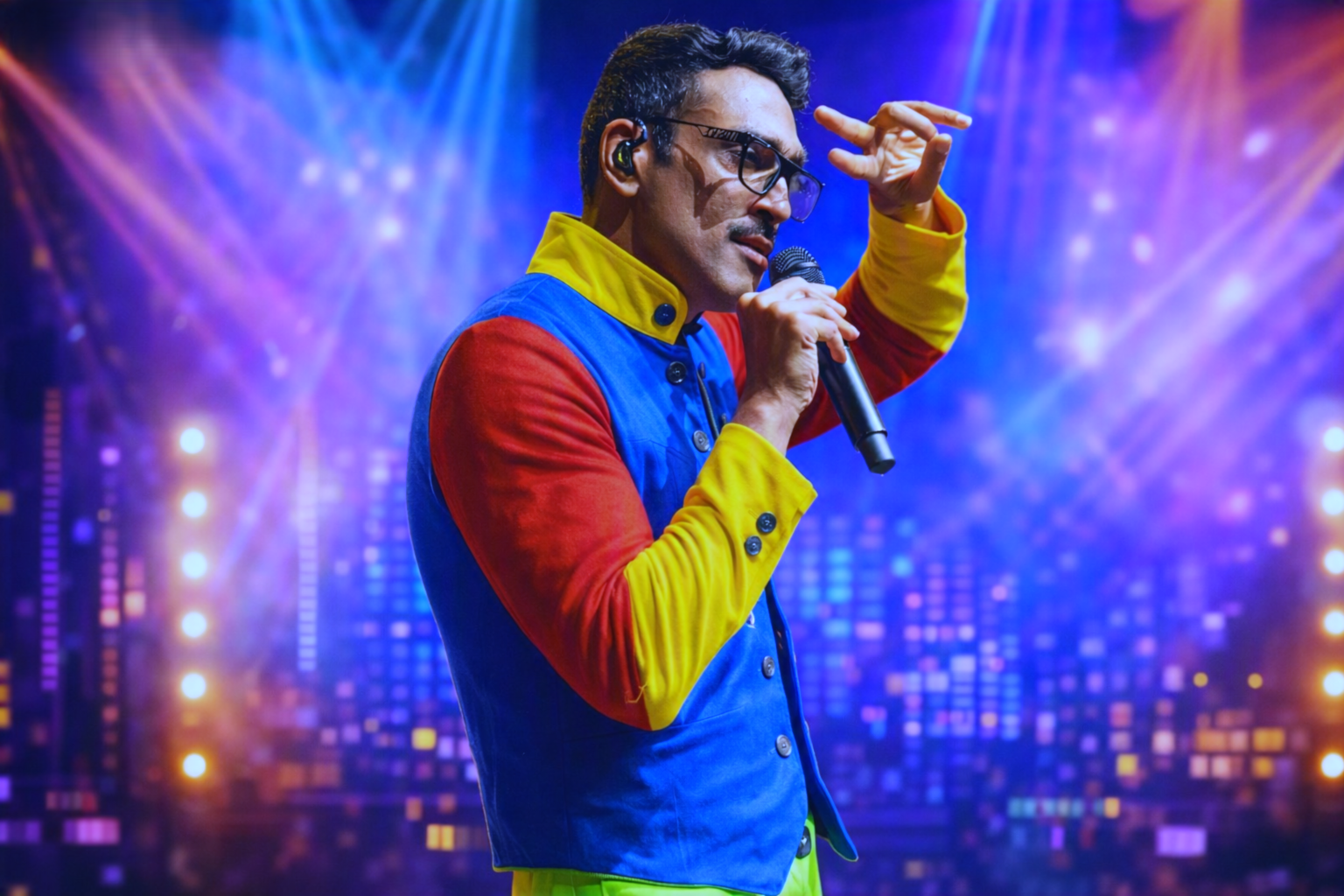 Colorful outfit mein microphone ke sath stage performance