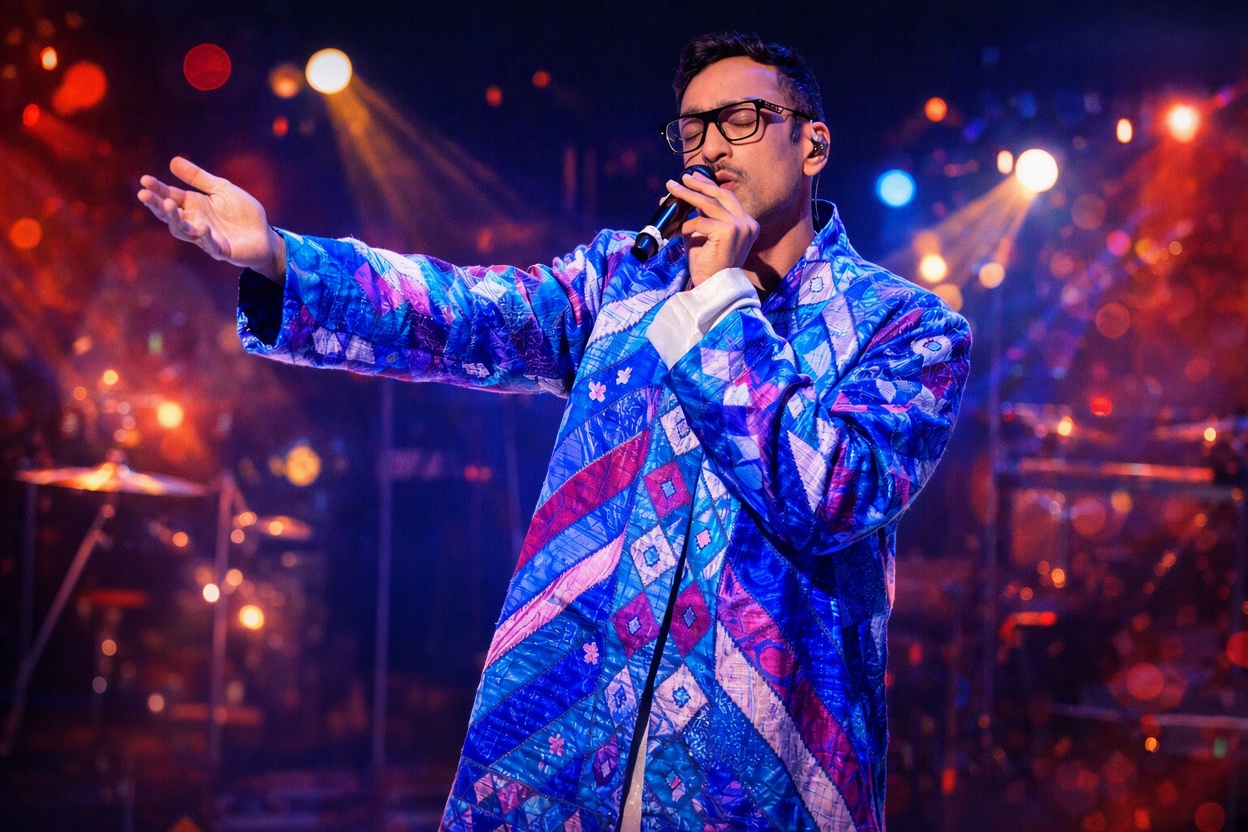 Colorful traditional outfit mein stage par singing