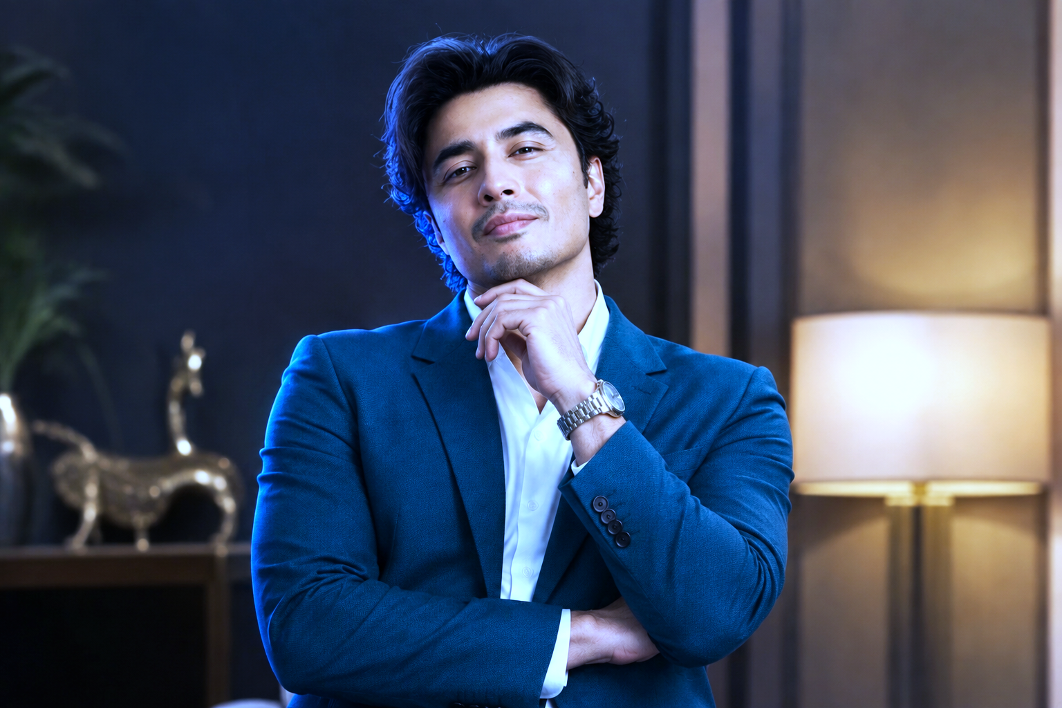 Stylish portrait in blue formal suit