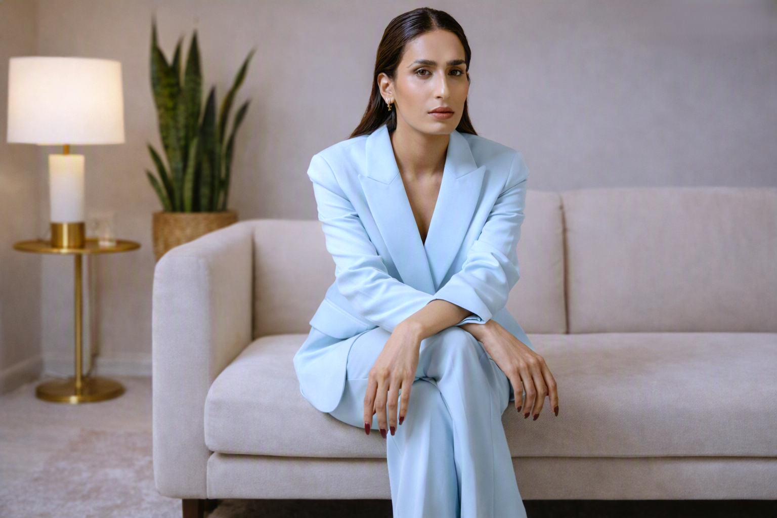 Fashion model sitting on sofa in light blue pantsuit
