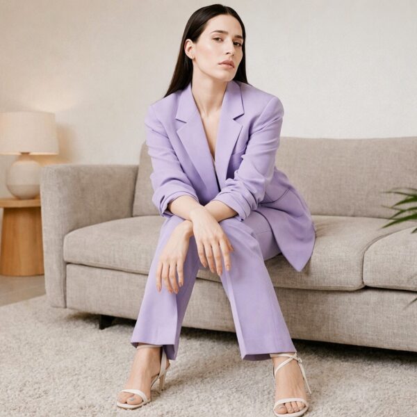 Stylish actress sitting on sofa in lilac pantsuit