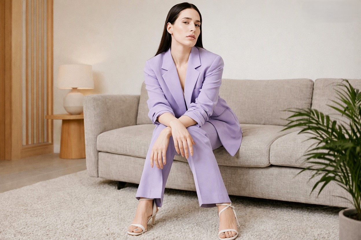 Stylish actress sitting on sofa in lilac pantsuit