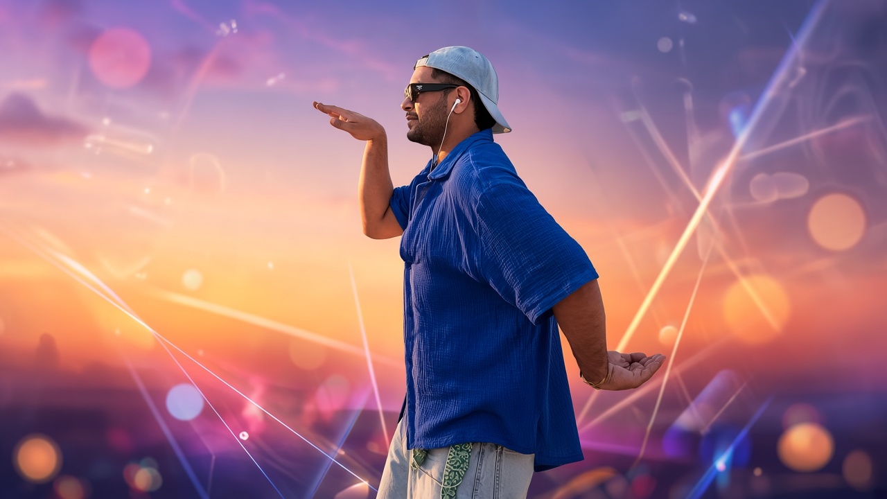 Blue outfit mein outdoor performance pose