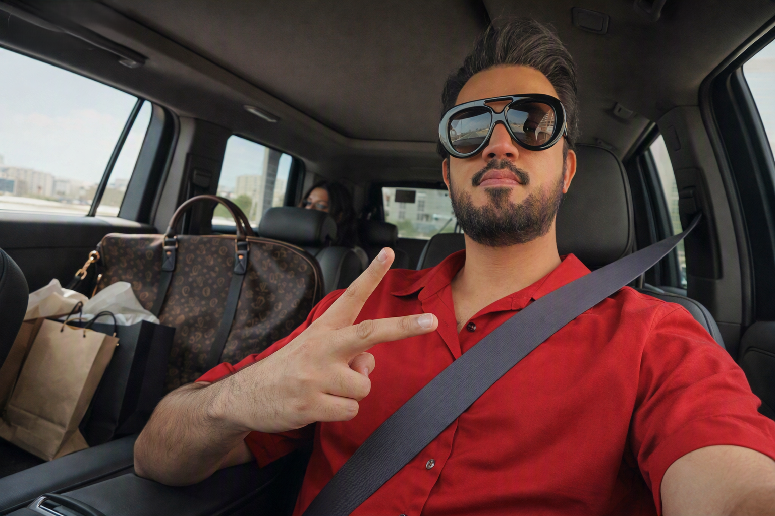 Stylish portrait while sitting inside a luxury car