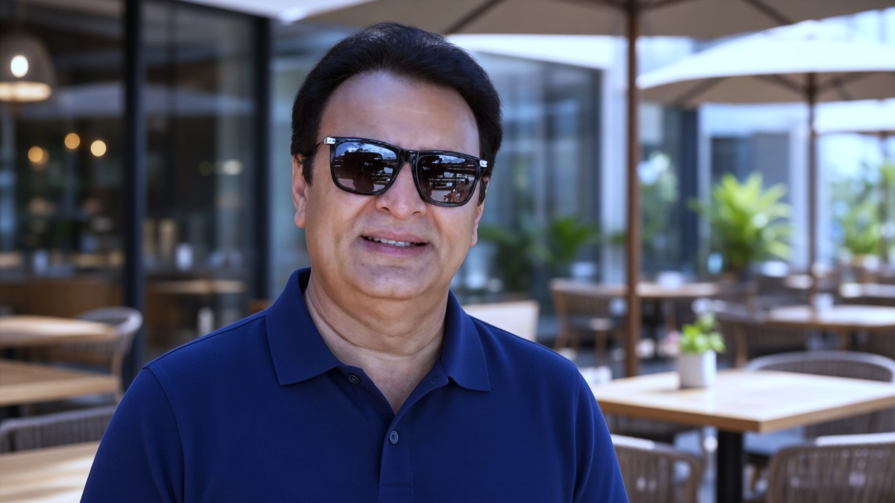 Blue shirt aur dark sunglasses pehne outdoors mein smile karte hue
