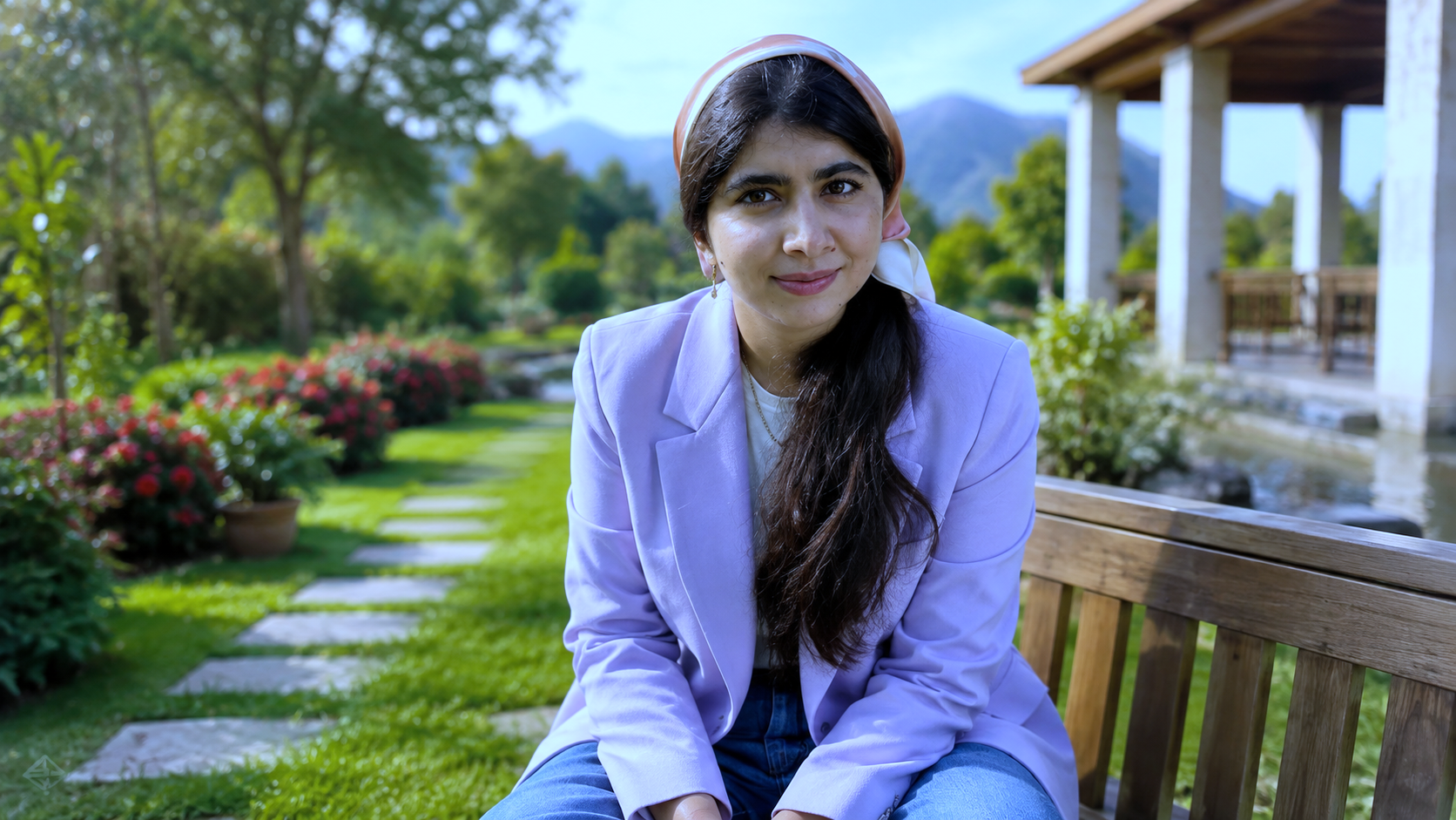 Lavender blazer pehne bench par baithe hue outdoor photo