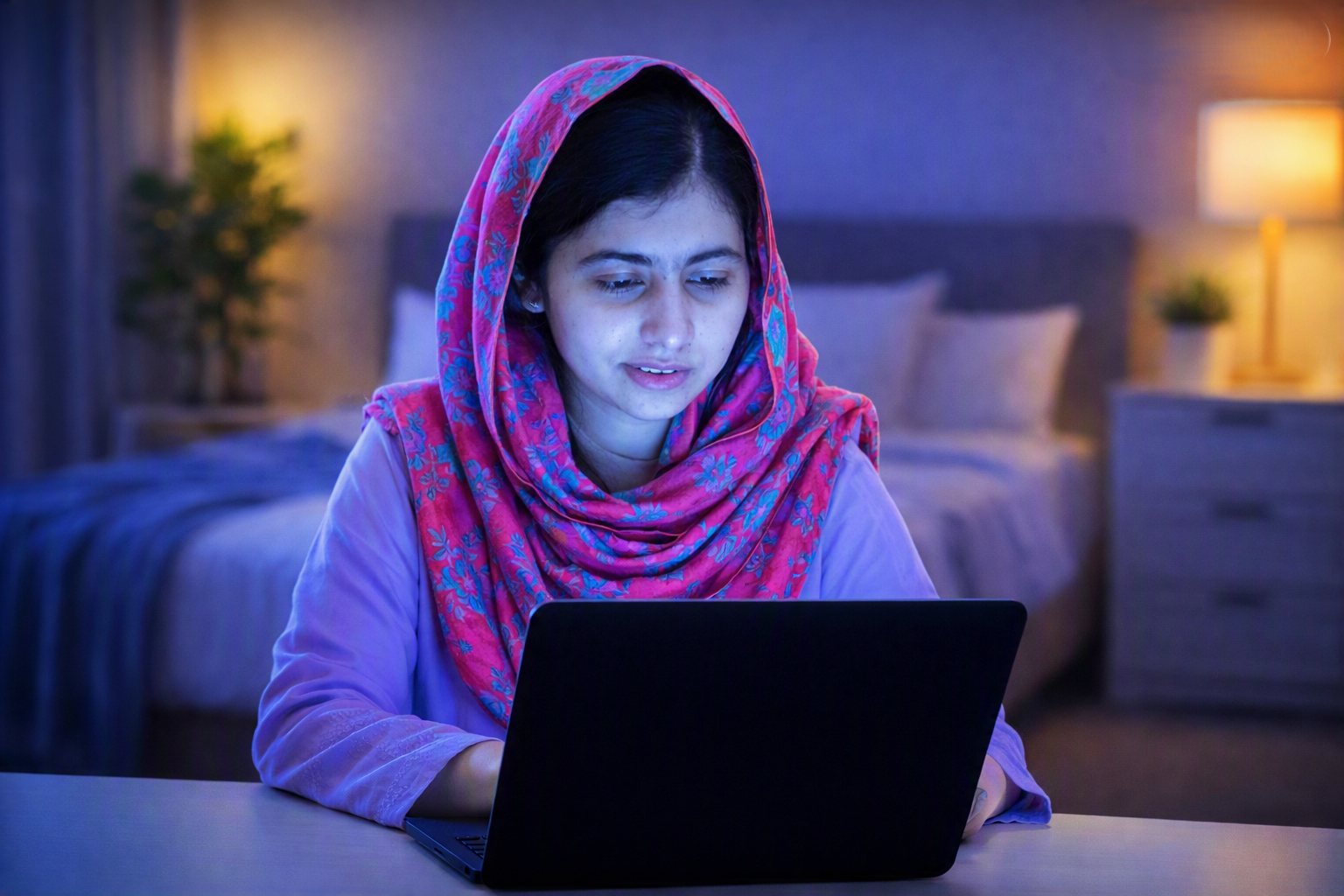 Pink patterned dupatta pehne raat ko laptop par kaam karte hue