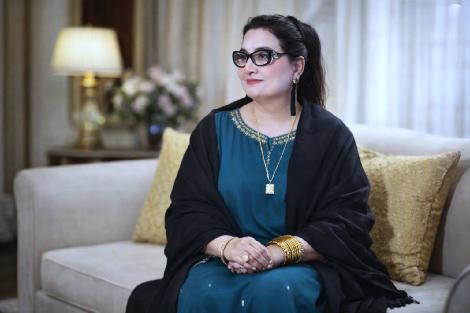 Elegant Sofa Interview Pose