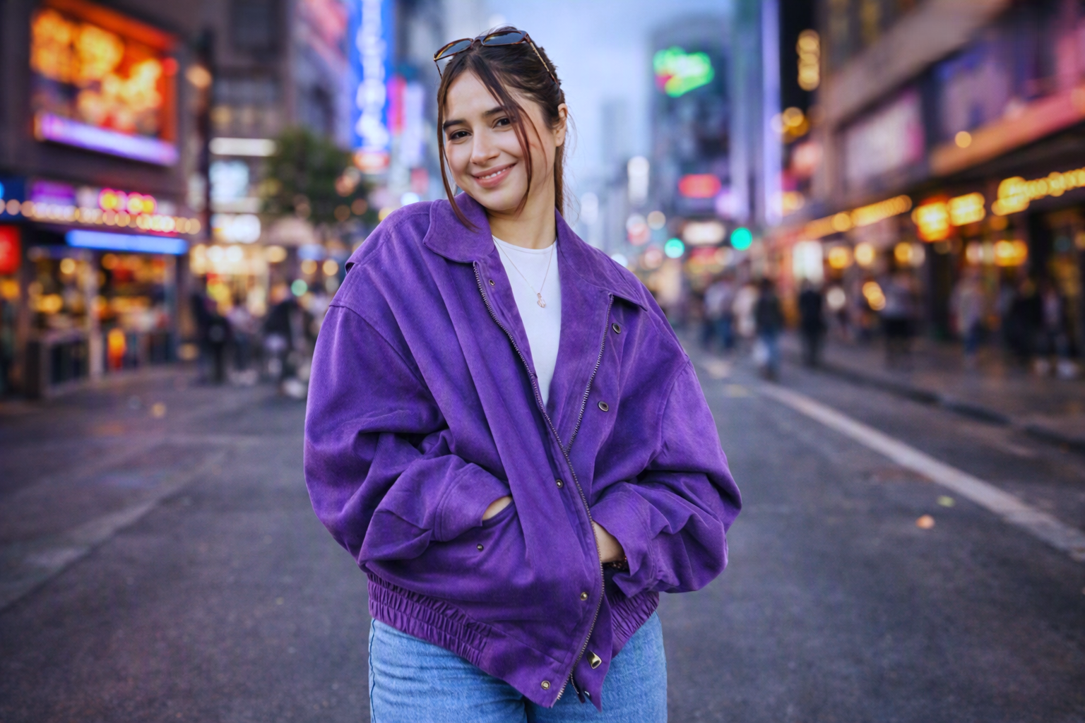 Purple jacket mein city street par casual pose
