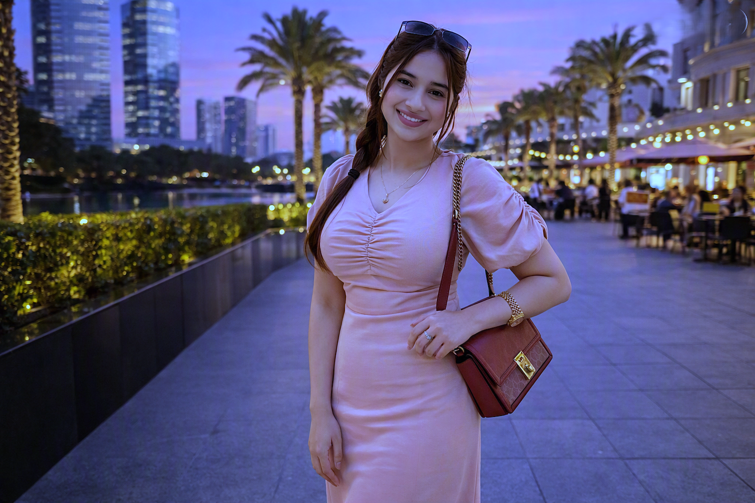 Pink outfit mein outdoor location par elegant pose