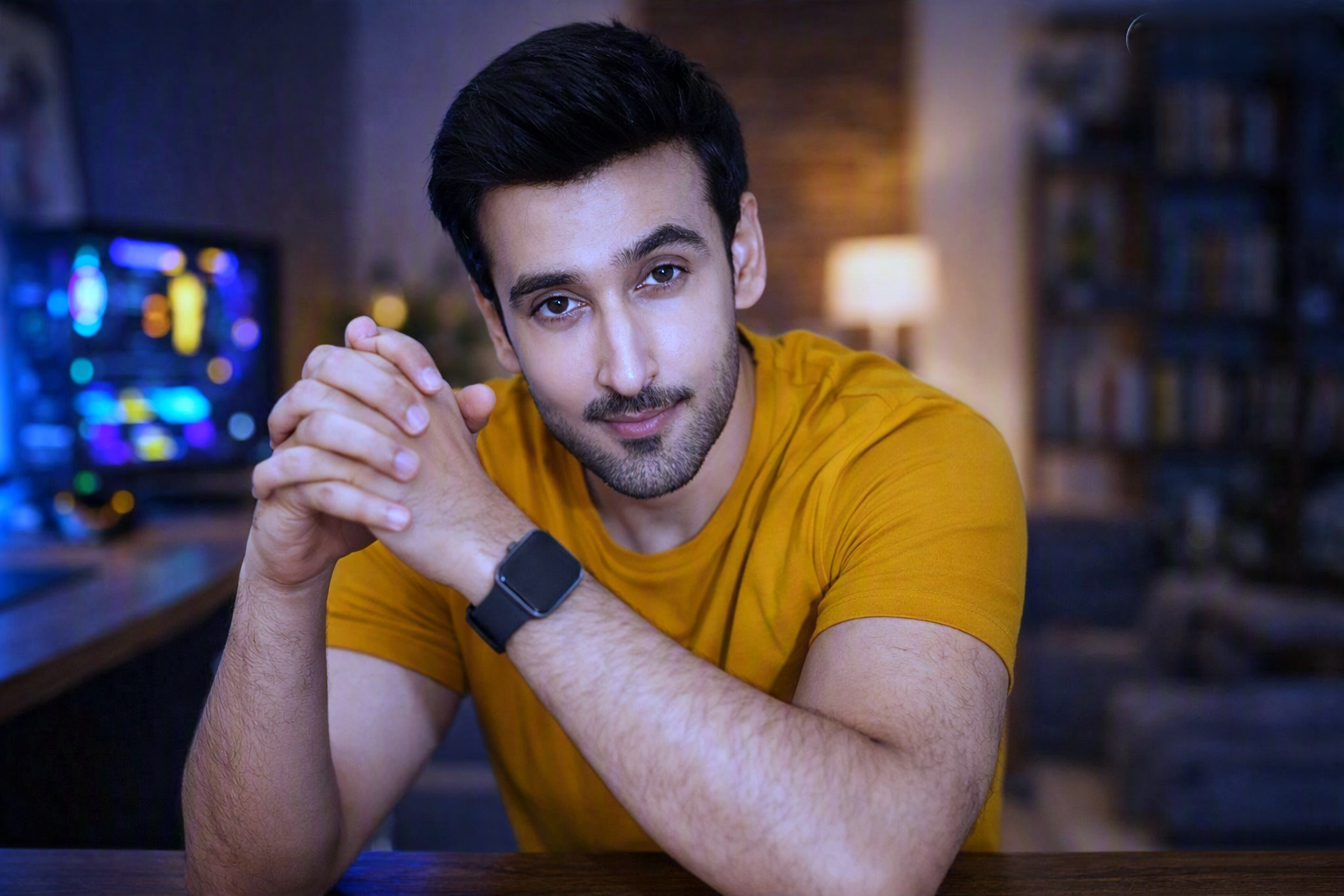 T-shirt mein larka table par hath rakhe baitha hai