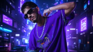 Purple outfit with stylish sunglasses