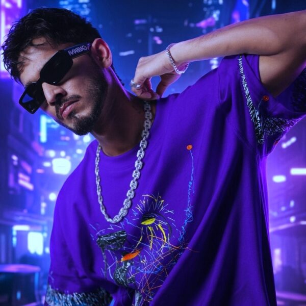 Purple outfit with stylish sunglasses