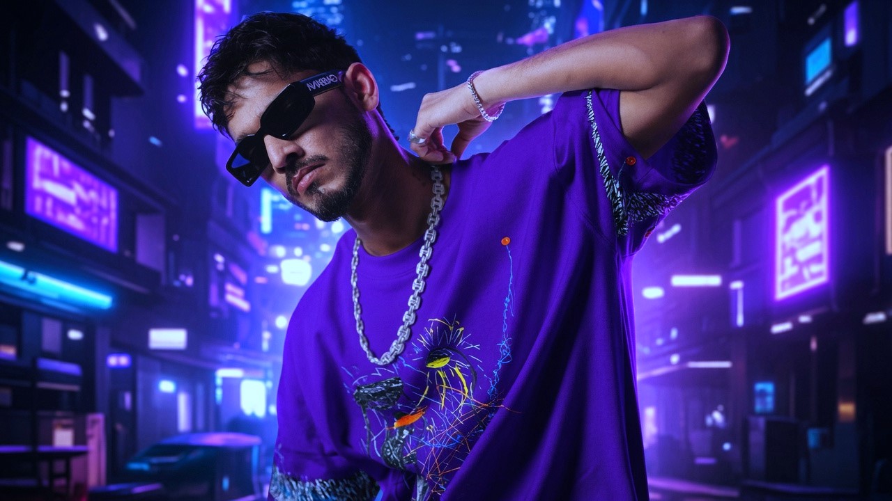 Purple outfit with stylish sunglasses
