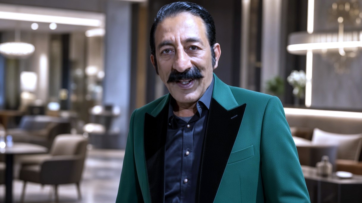 Celebrity green velvet coat aur mustache ke sath