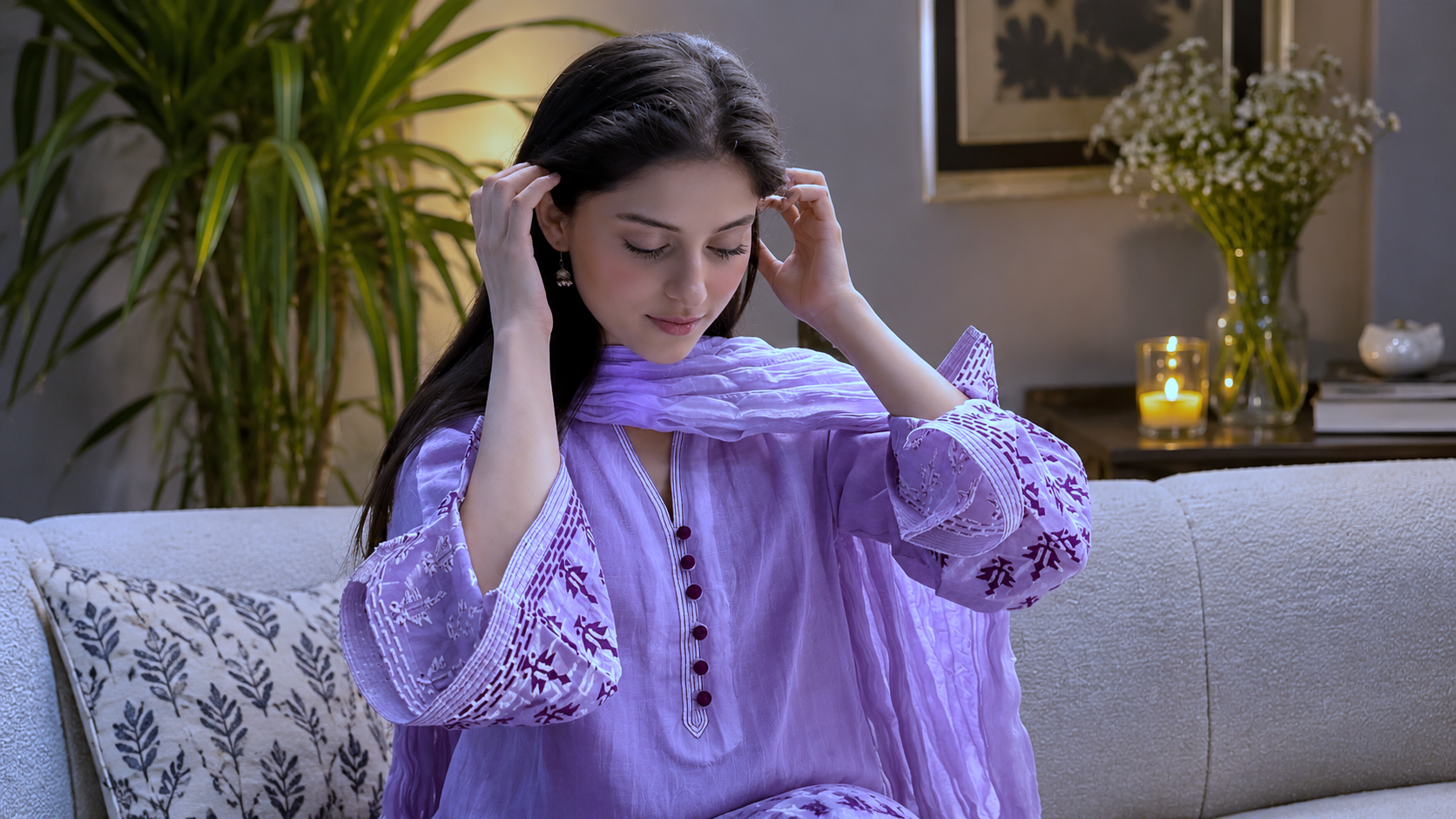 Traditional lavender embroidery outfit mein graceful female artist