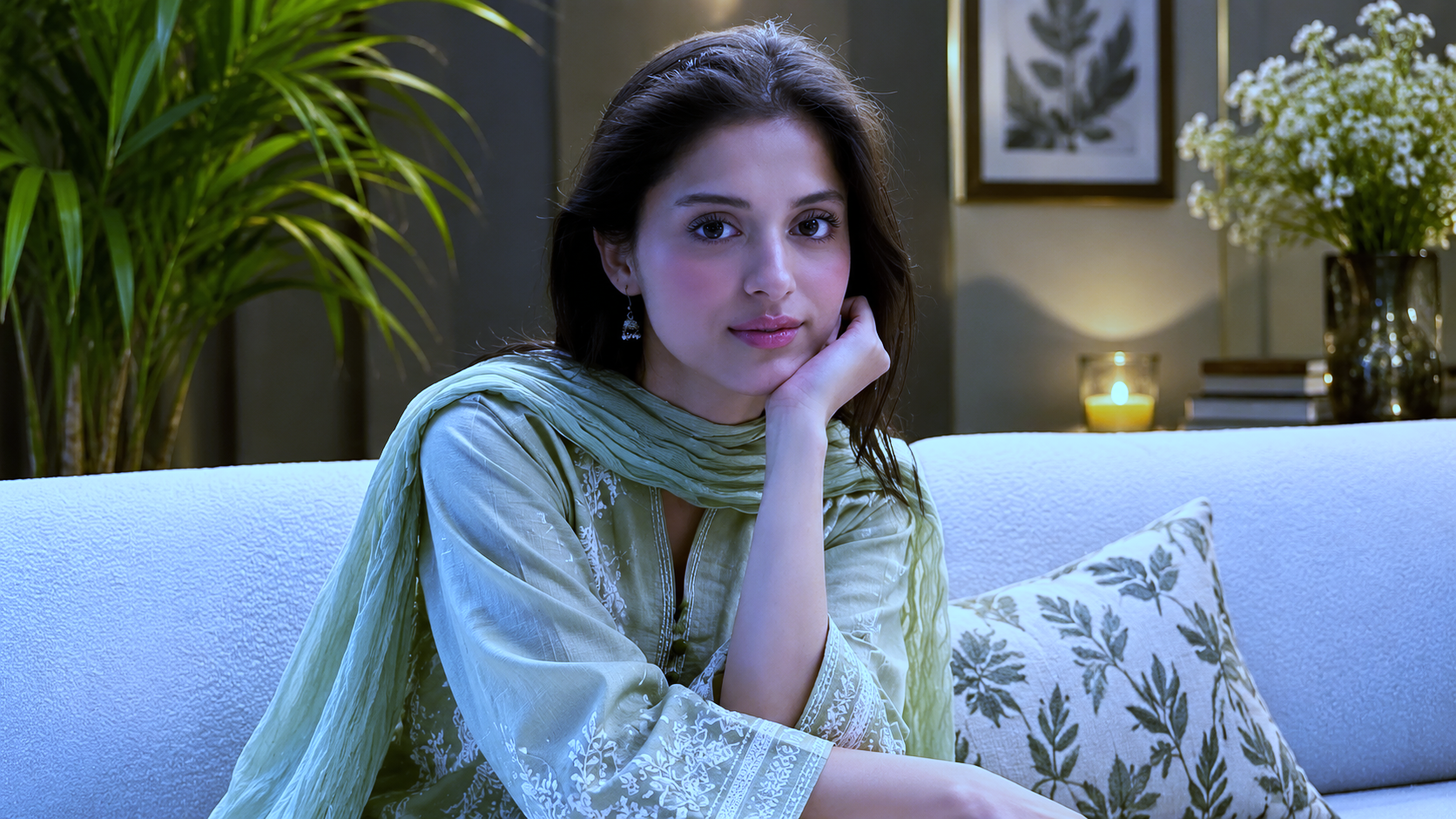 Pastel green traditional wear mein sofa par baithi hui top actress