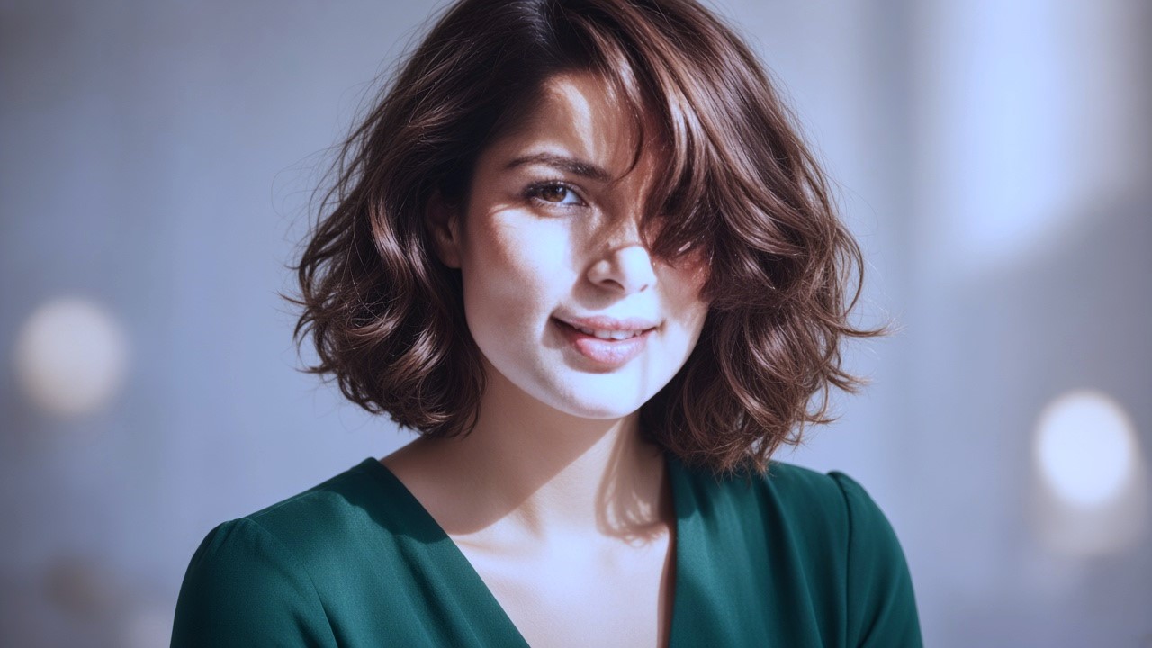 Short curly baalon ke sath aik elegant film star ka close up