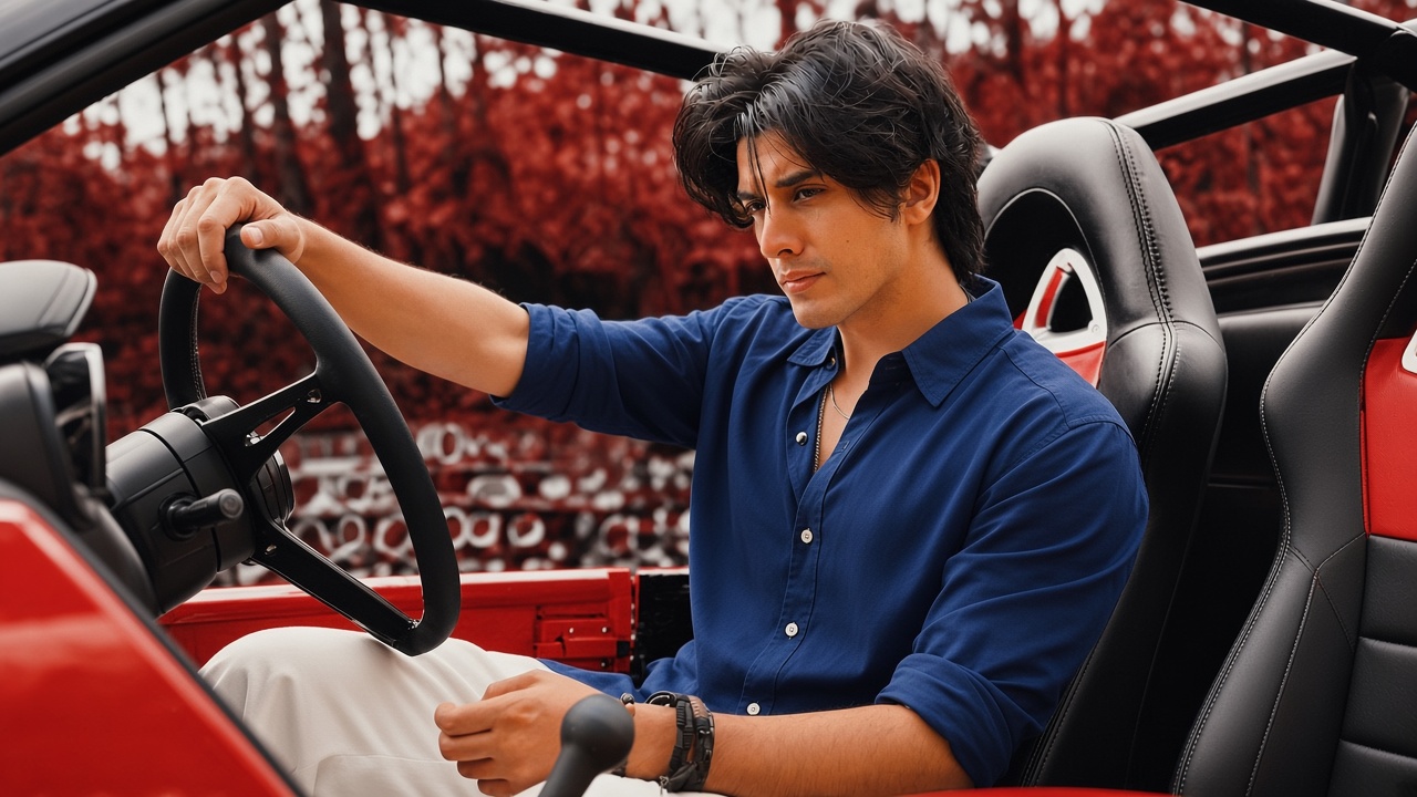 Blue shirt mein gaari chalata hua khubsoorat superstar