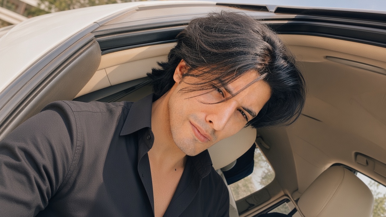 Black shirt mein car ke andar betha hua glam star