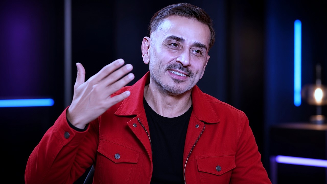 Veteran Pakistani actor in red jacket talking during interview