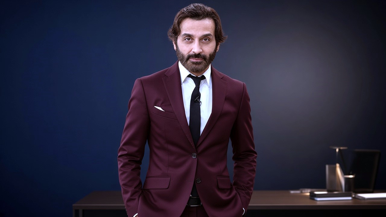 Handsome superstar wearing maroon formal three piece suit