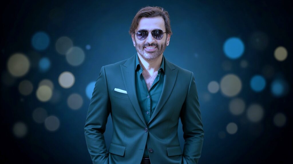 Stylish celebrity in green blazer wearing sunglasses