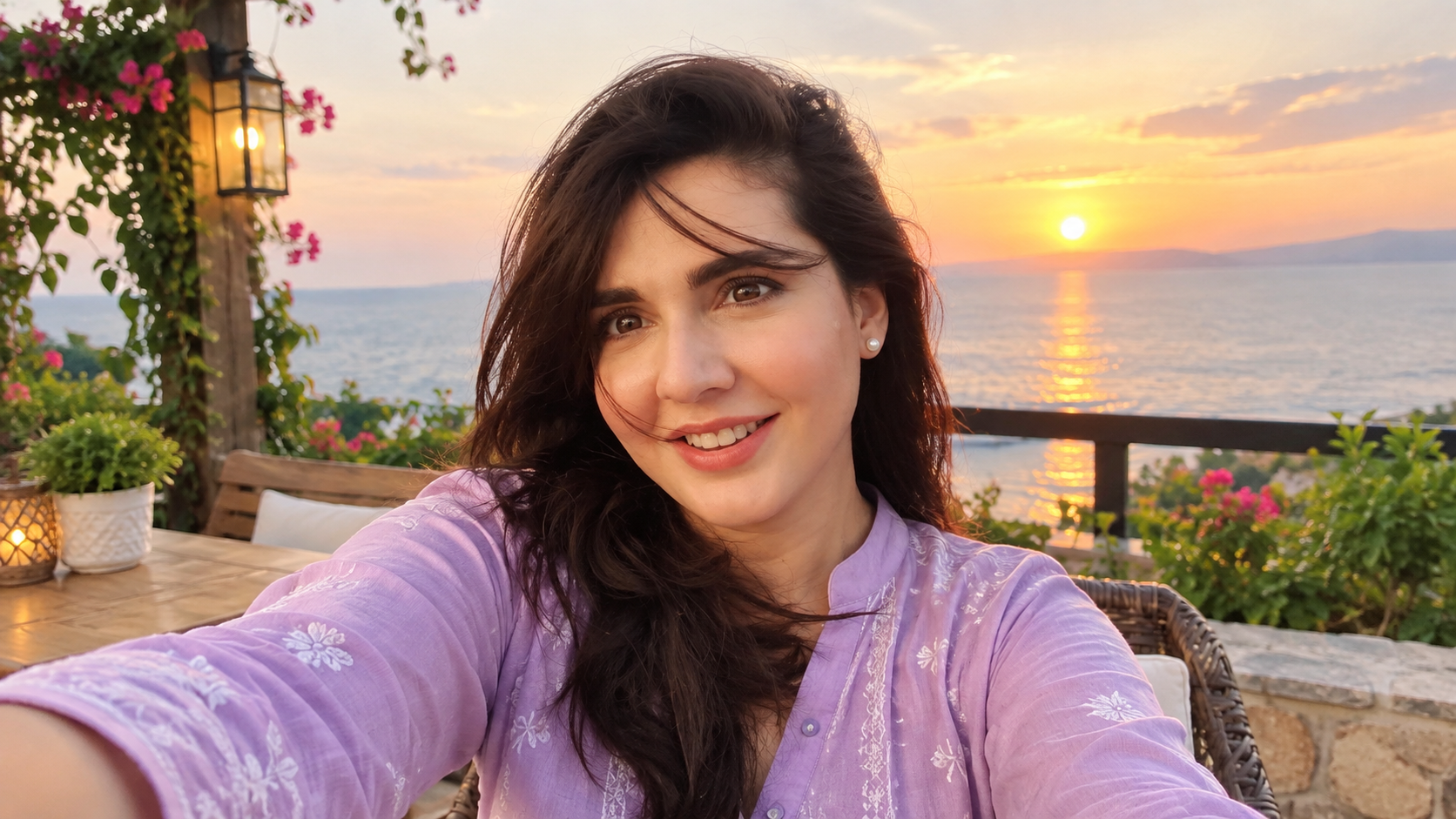 Famous TV superstar seaside sunset background ke sath selfie lete hue