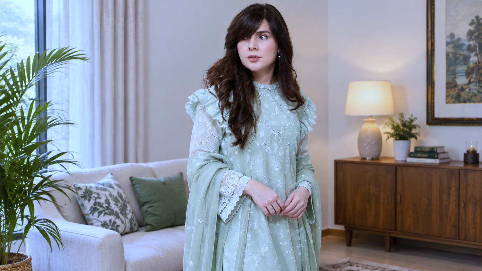 Model and actress mint green fancy outfit mein living room mein khari hui