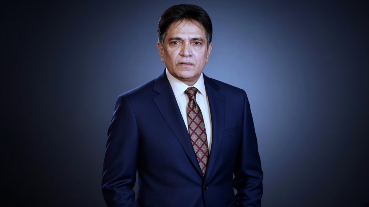 Senior drama actor wearing a dark formal suit and patterned tie with a serious expression