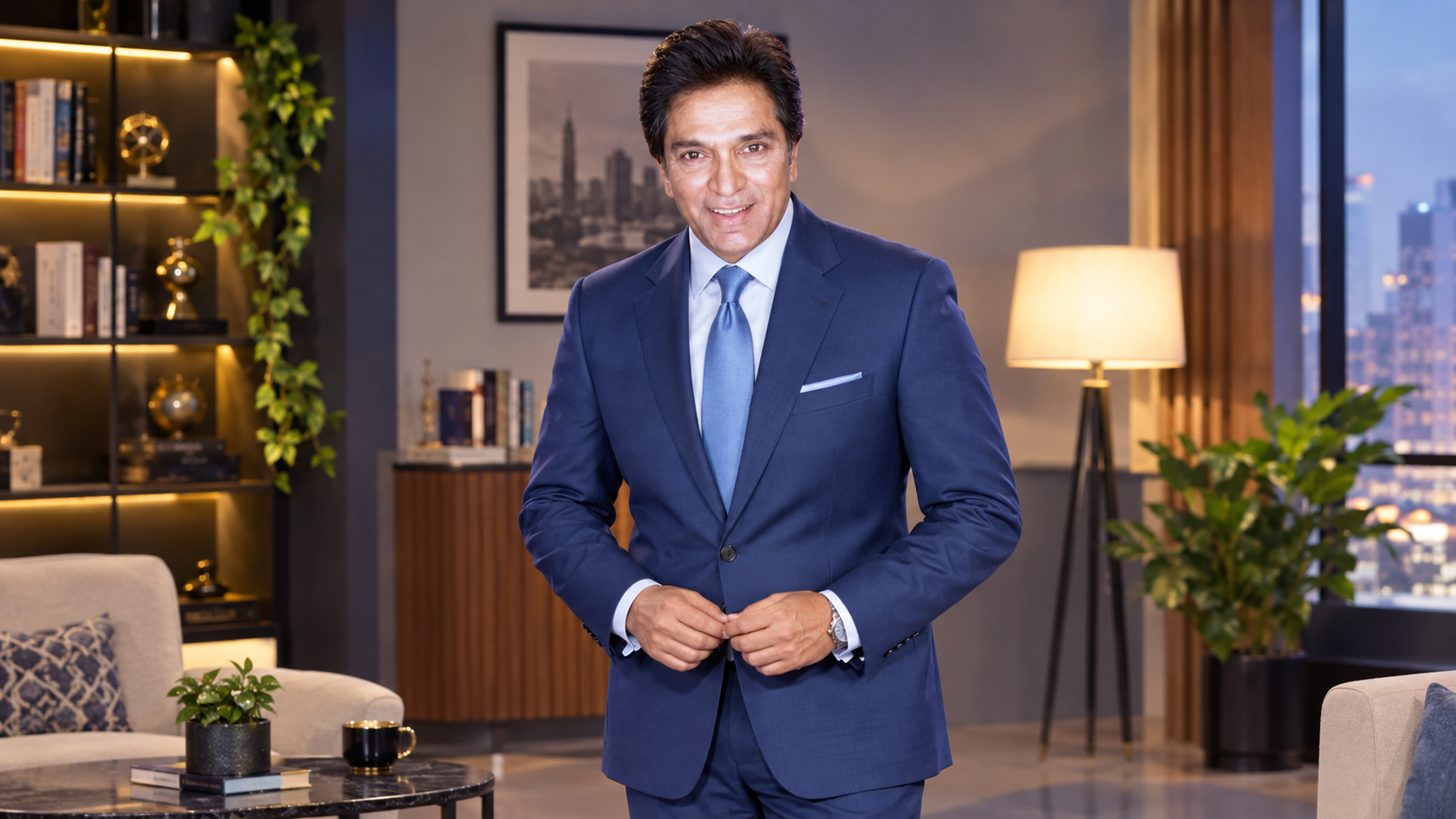 Legendary television actor smiling in a sharp blue suit