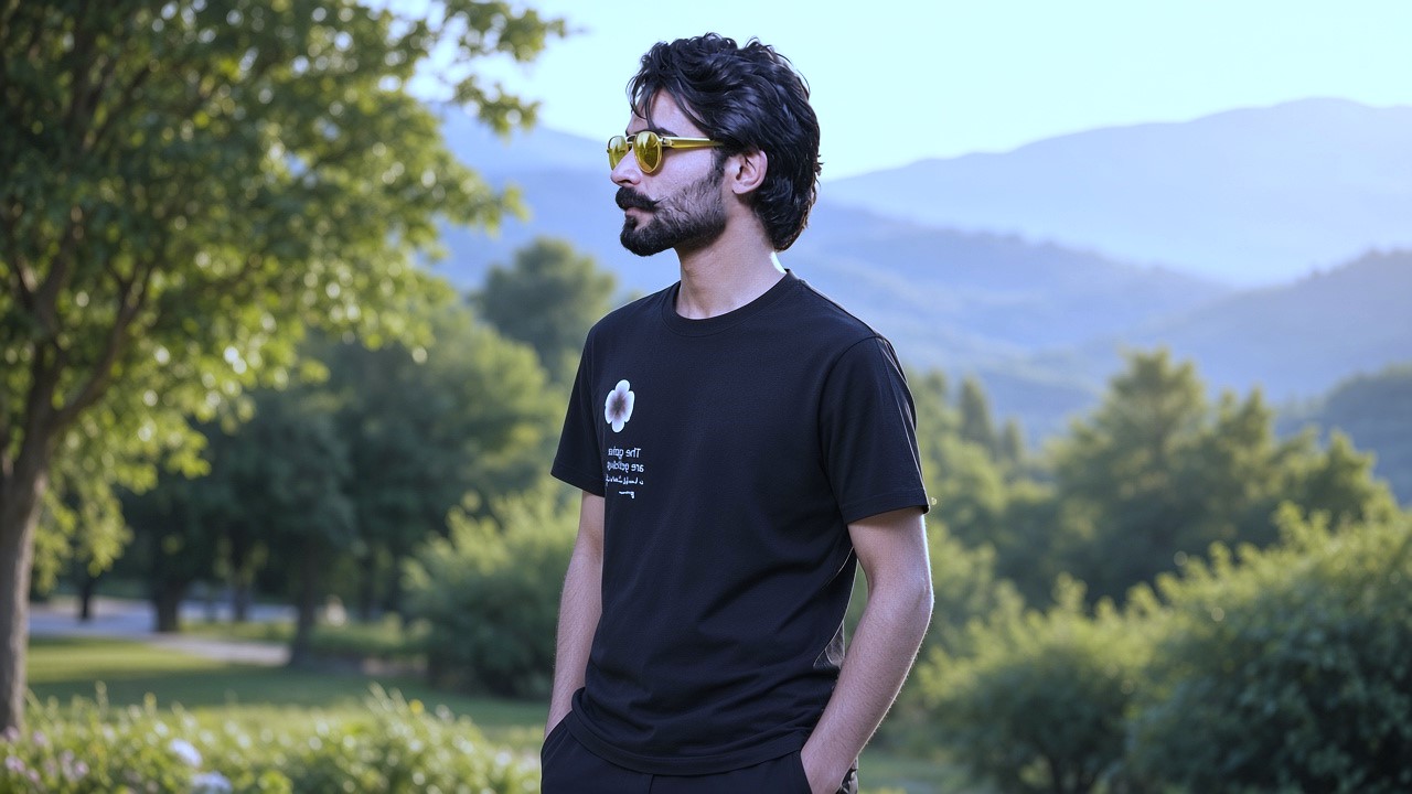 Black t-shirt aur chashma pehne paharon ke samne superstar