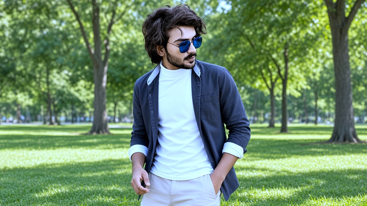 Open jacket aur white inner pehne garden me muskurata actor