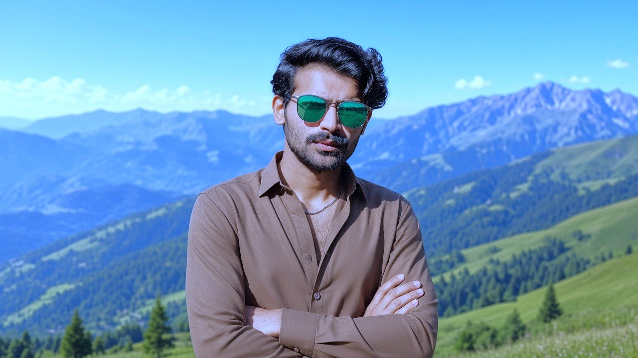 Brown shirt aur green glasses pehne pahari wadi me kharra actor