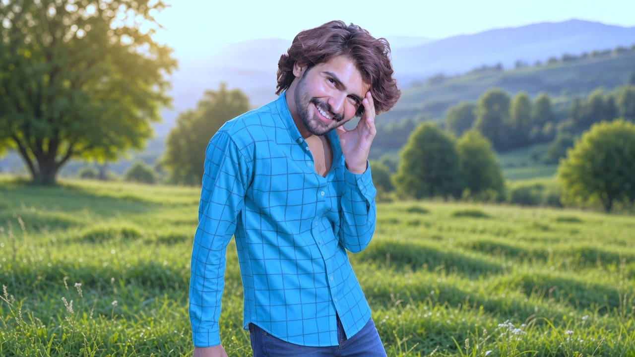 Sky blue shirt pehne khulay maidan me stylish pose deta superstar
