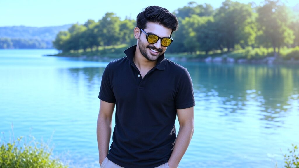 Black polo shirt pehne jheel ke kinare kharra muskurata actor