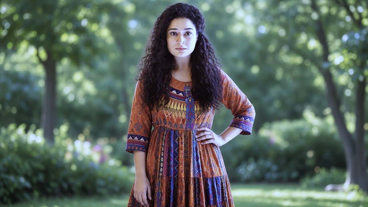 Outdoor garden mein pose karti hui multi-colored dress mein actress