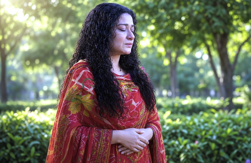 Green background mein aankhein band kiye hue deep expression mein actress