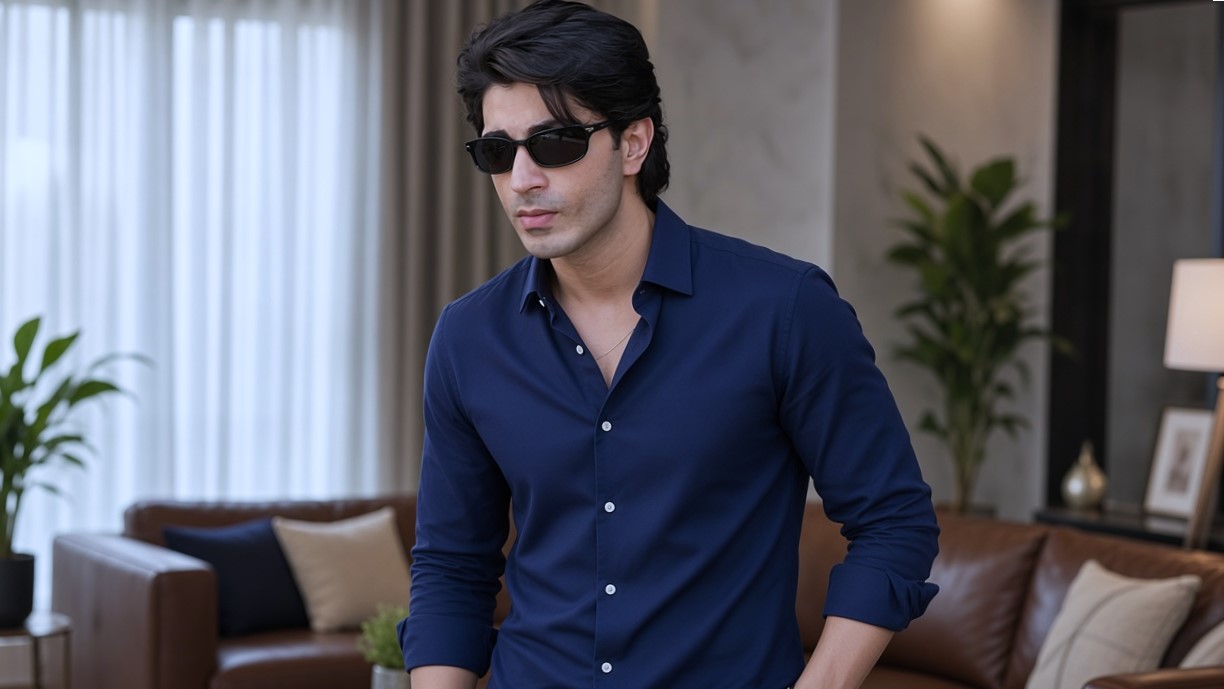 Dark blue shirt aur kala chashma pehne actor ka pose
