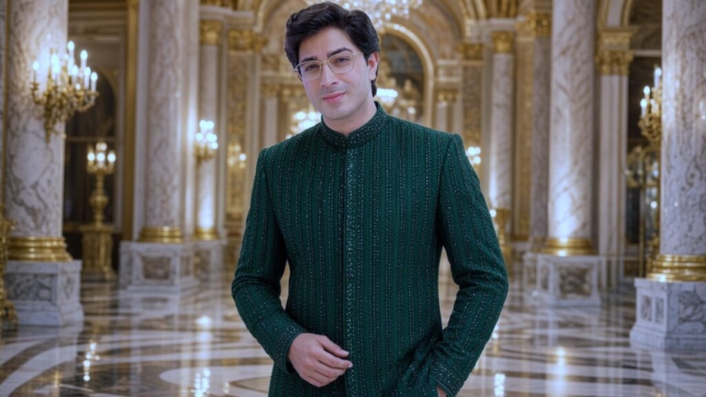 Emerald green sherwani me muskurata hua traditional superstar