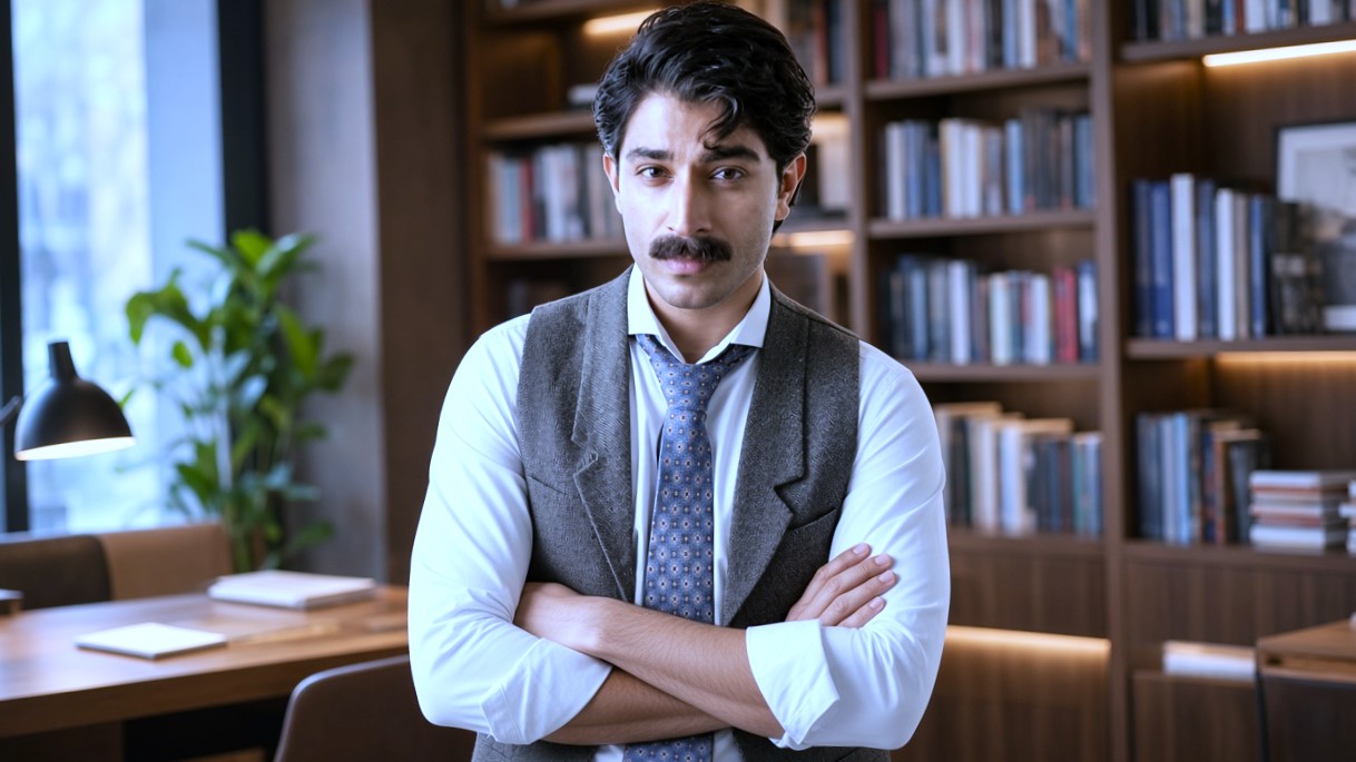 Waistcoat aur tie pehne serious look me actor