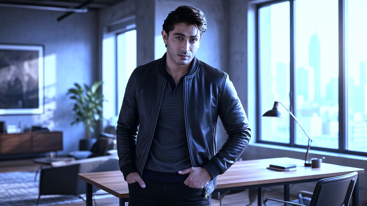 Leather jacket aur modern style me kharra mashhoor actor