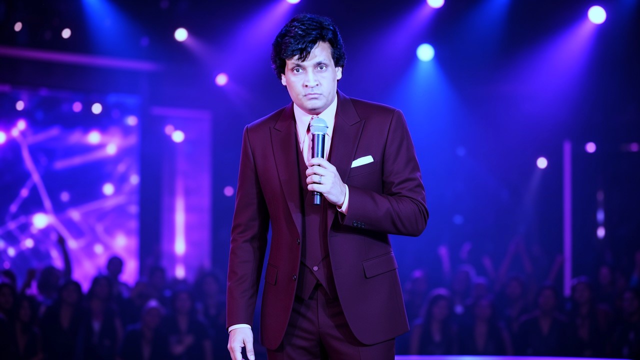 Stage par mic thame hue maroon suit mein superstar