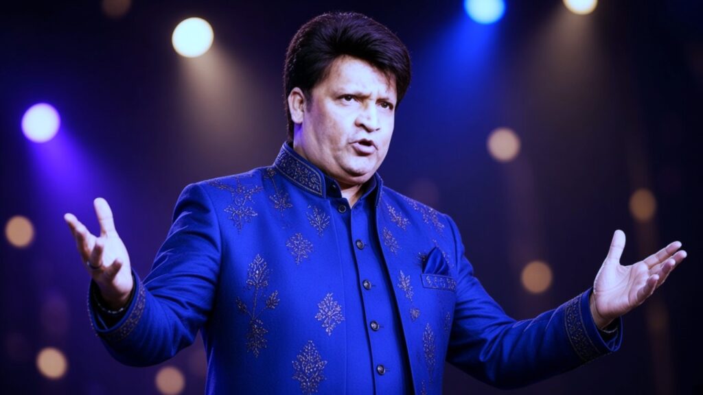 Stage light ke samne blue jacket mein sanjida expressions dete hue performer
