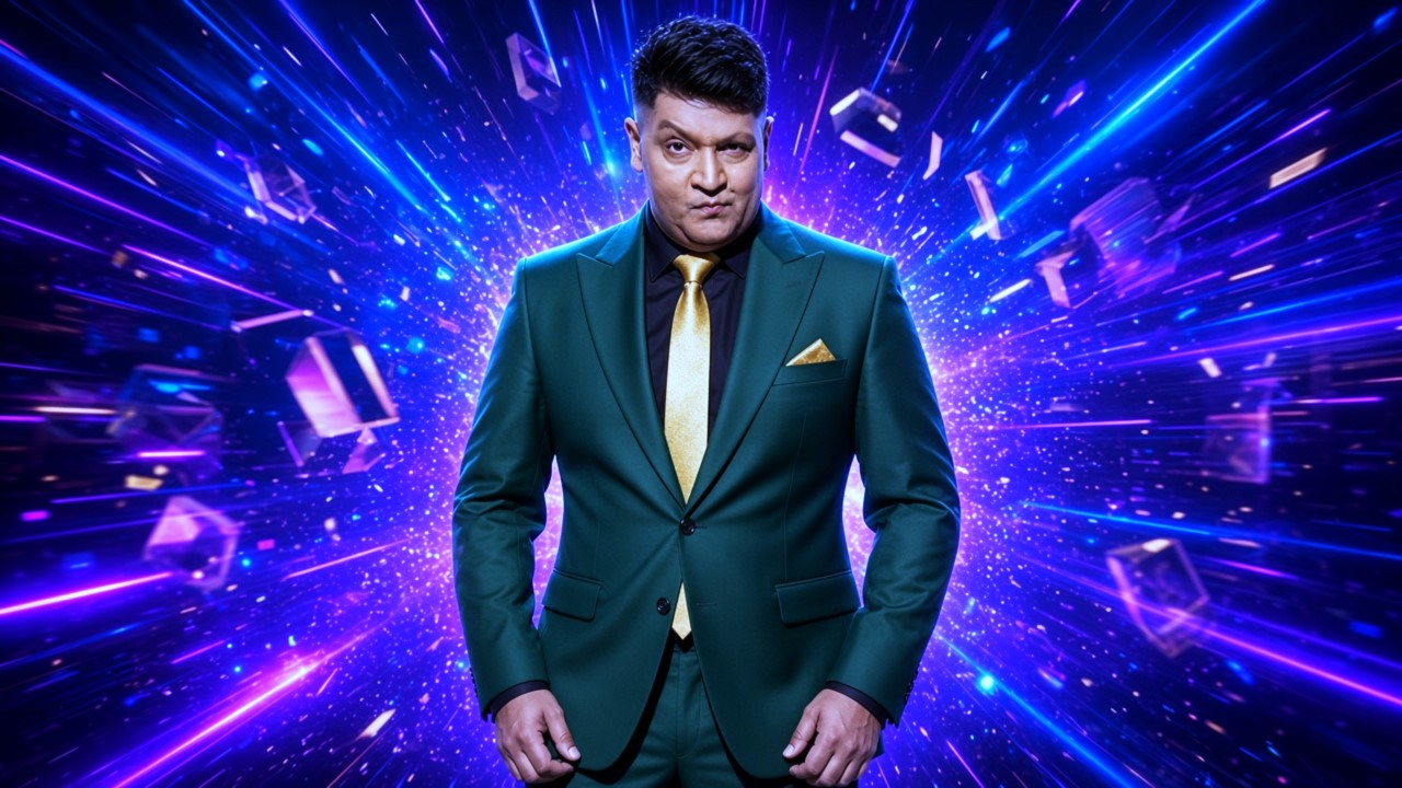 Green suit aur yellow tie mein bright background ke sath stand-up comedian