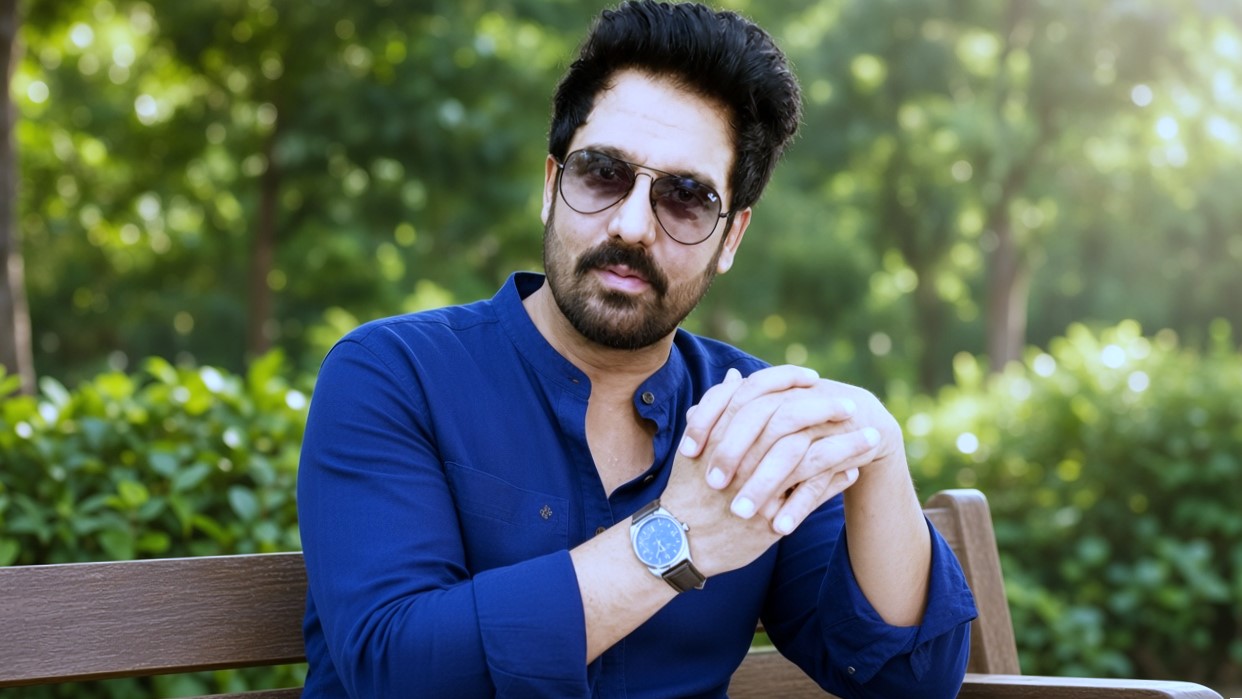 Pakistani celebrity sunglasses aur blue kurta mein